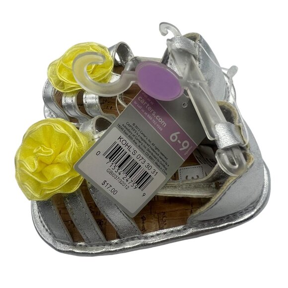 Carters Silver Baby Girl Sandals With Yellow Flower Accent Size 3 Metallic NEW - Picture 3 of 8
